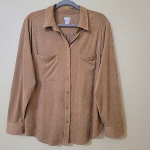 Womens Tan Faux Suede Button-Down‎ Shirt XL Career Office Executive Casual